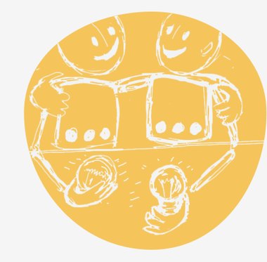 Ilustración a lápiz sobre círculo amarillo: dos personas aprendiendo juntas