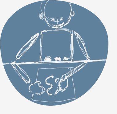 Ilustración a lápiz sobre círculo azul: una persona tomando notas en la mesa